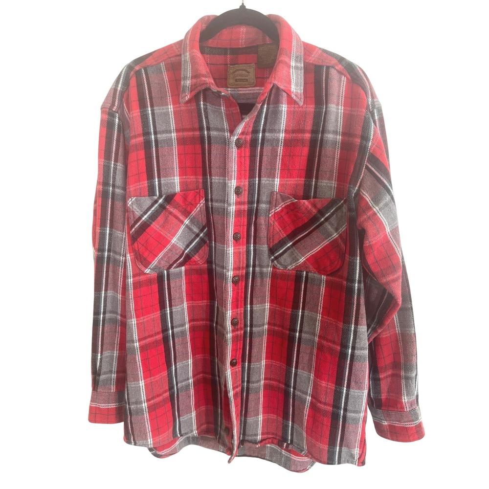 Vintage 90s St Johns Bay Heavyweight Flannel Shirt Men's L Tall Red Gray Plaid